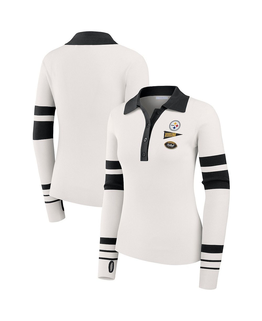 WEAR by Erin Andrews Women's White Pittsburgh Steelers Ribbed Henley Polo Sweater
