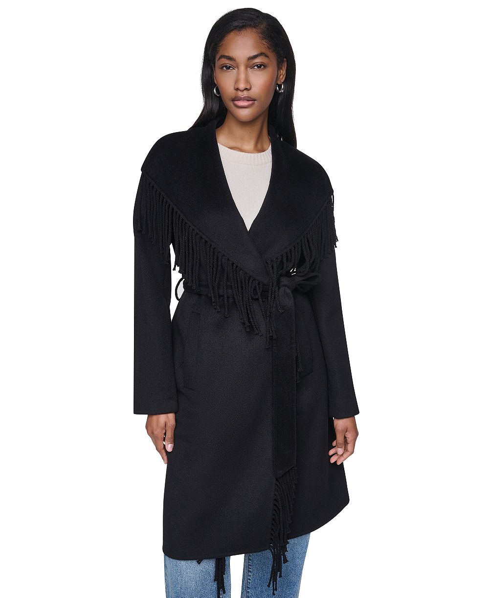 DKNY Women's Double Faced Fringe Wrap Coat