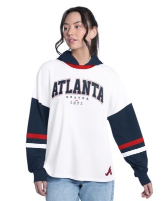 G-III 4Her by Carl Banks Women's White/Navy Atlanta Braves Key Player Oversized Hooded Long Sleeve T-Shirt