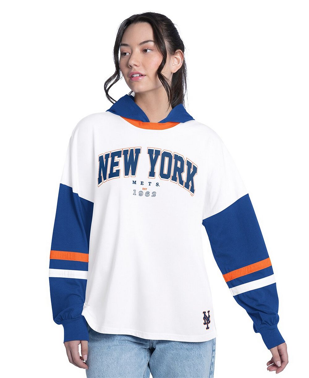 Женская футболка G-III 4Her by Carl Banks White/Royal New York Mets Key Player Oversized Hooded Long Sleeve T-Shirt