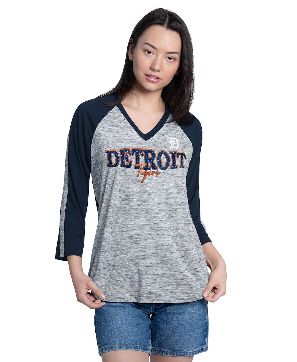 Футболка G-III 4Her by Carl Banks Women's Navy/Heather Navy Detroit Tigers Speed Training 3/4-Sleeve Rhinestone V-Neck