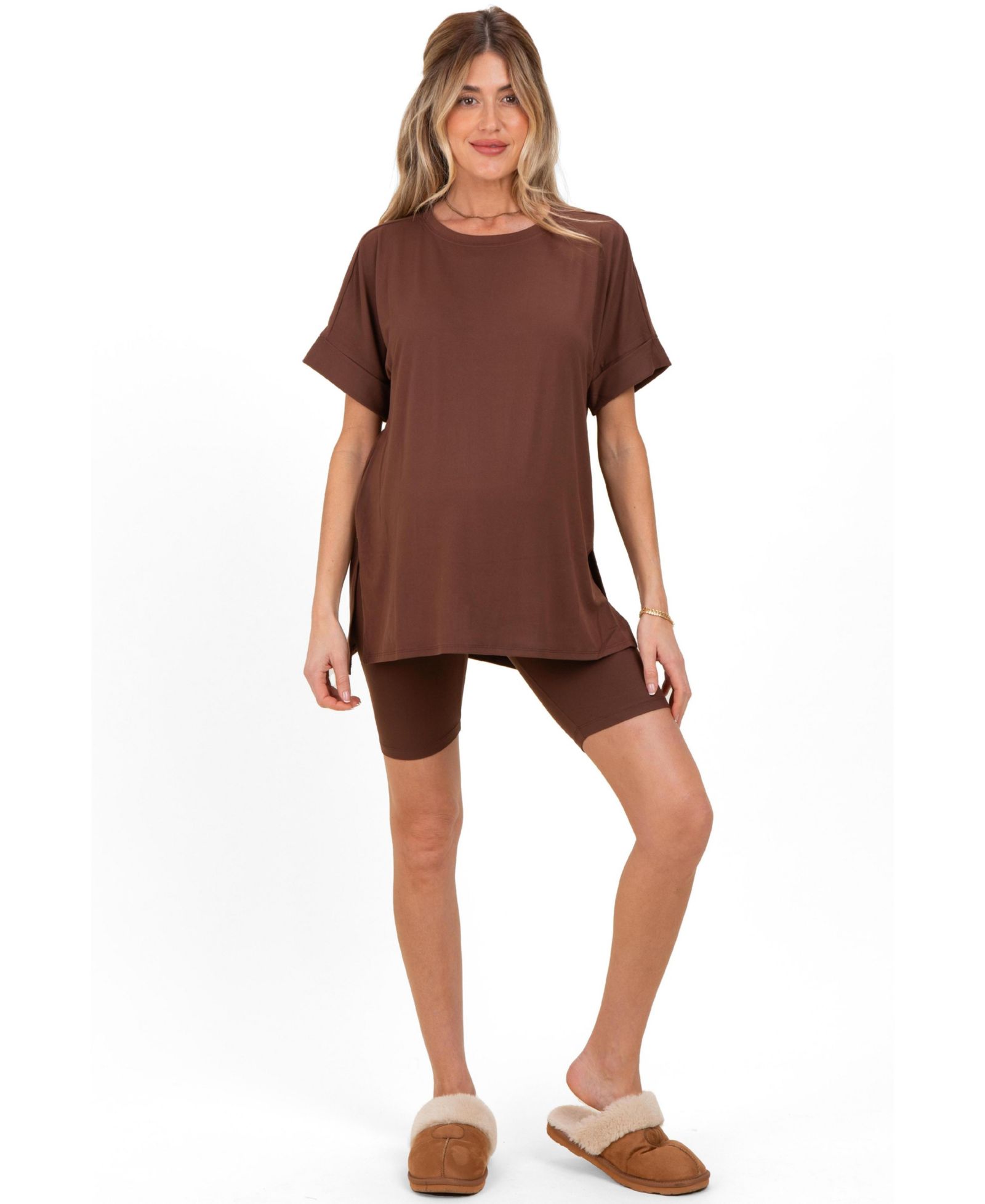 Pinkblush Women's Brown Hi-Low Short Sleeve Tee Biker Short Set
