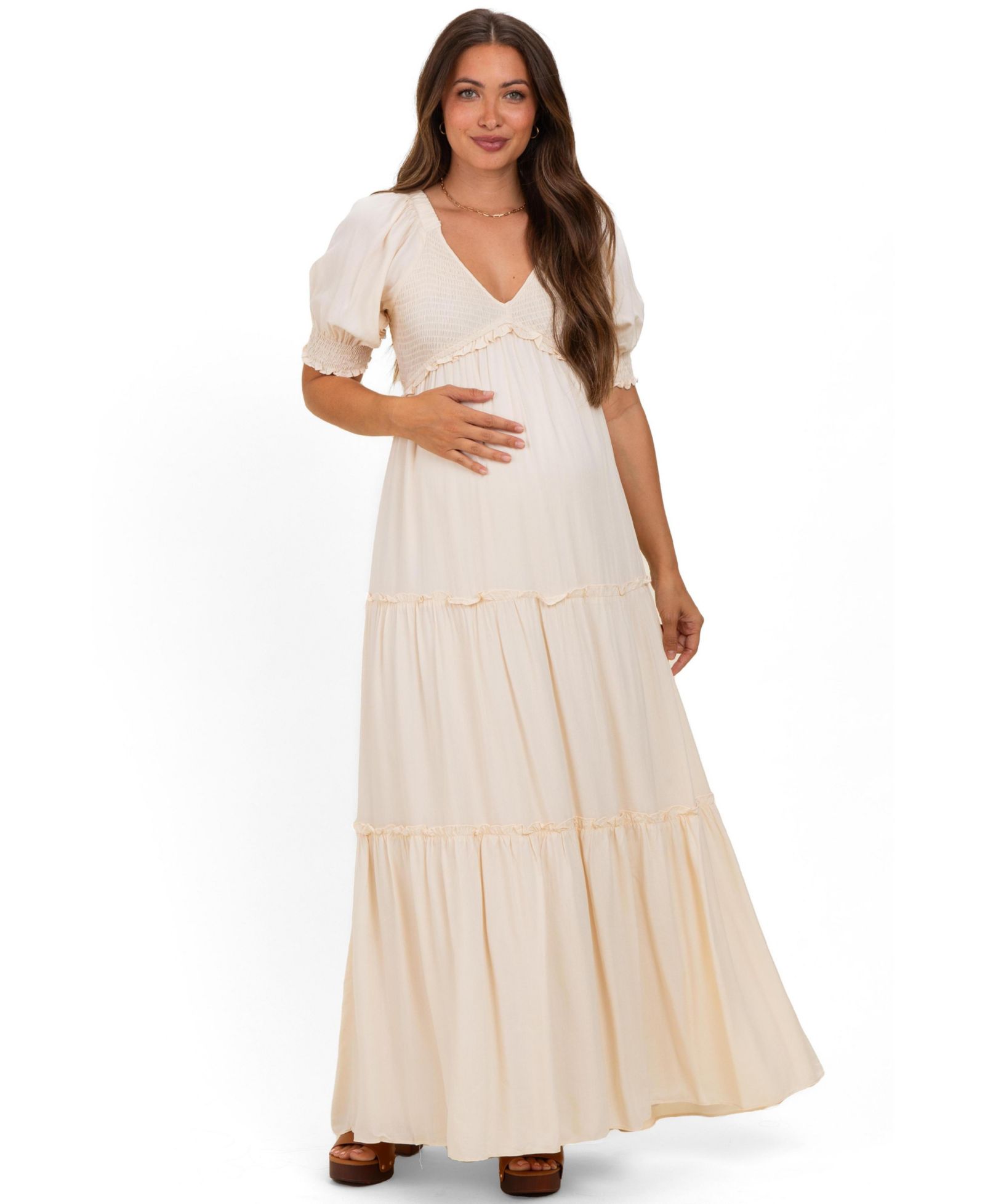 Женское платье Pinkblush Cream V-Neck Smocked Tiered Maxi