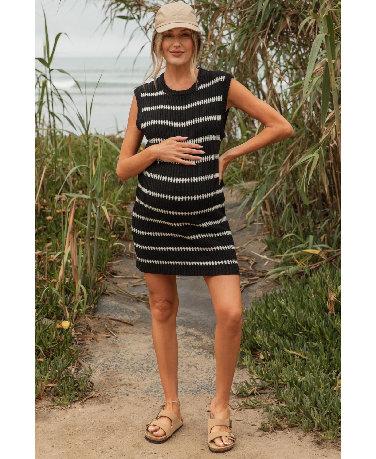 Pinkblush Women's Black Striped Sweater Knit Sleeveless Dress