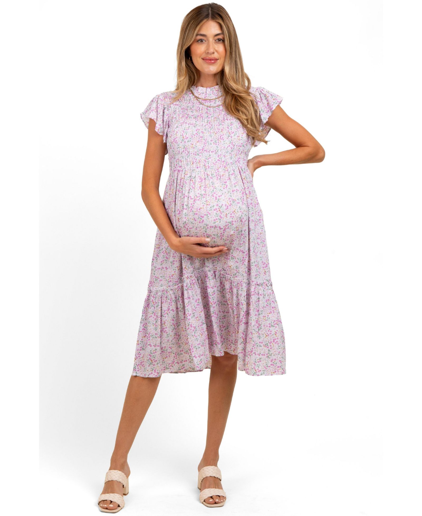 Женское миди-платье Pinkblush Pink Floral Mock Neck Smocked Ruffe Sleeve