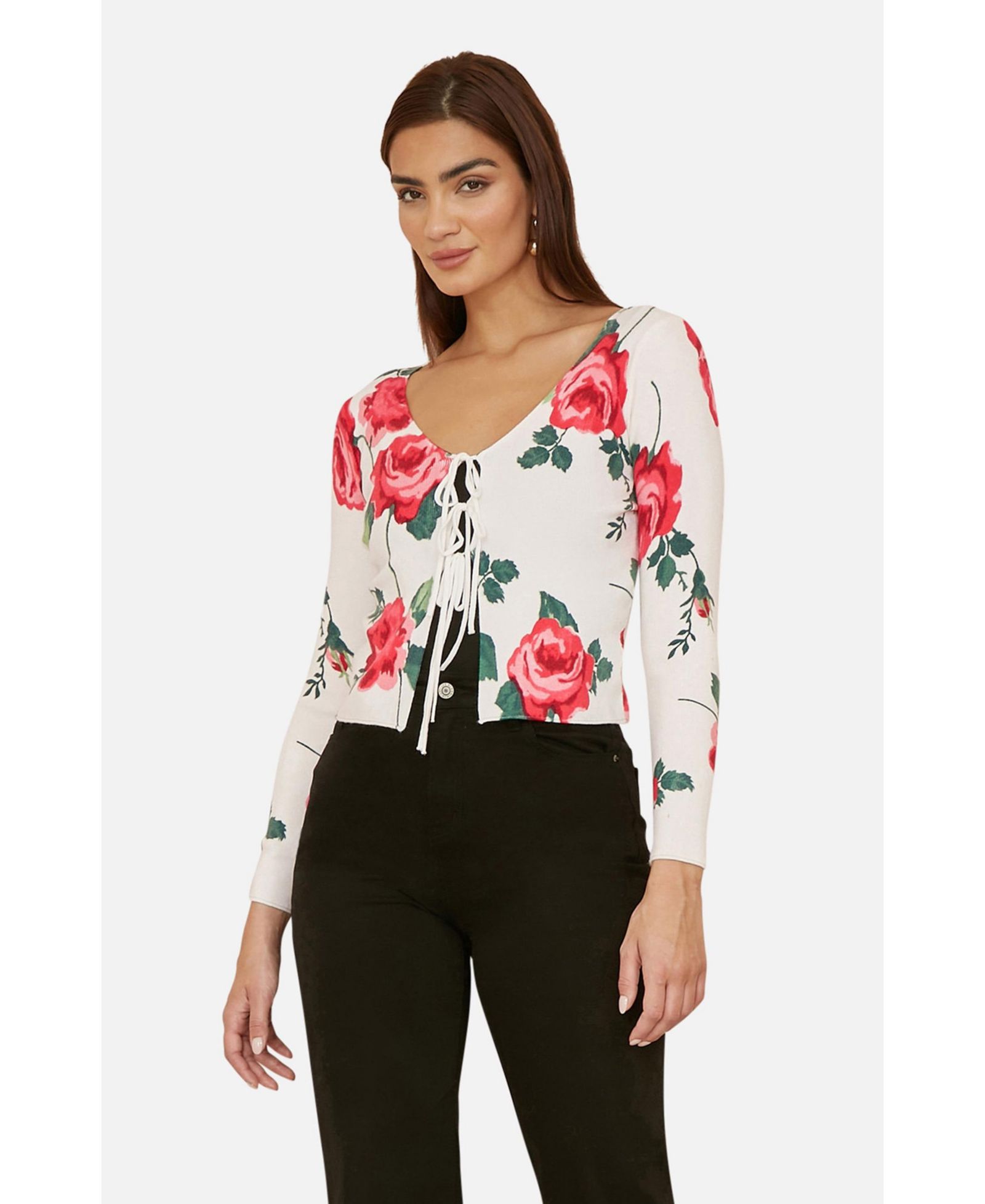 Yumi Women's Long Sleeve V-Neck Tie Front Cardigan