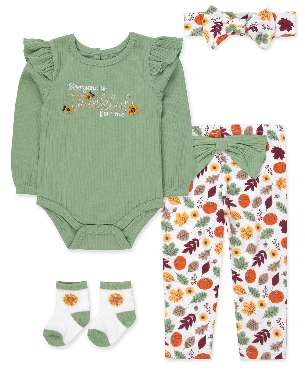 Baby Essentials Girls' 0-5T Thankful Long-Sleeve Ribbed Thanksgiving 4-Piece Set