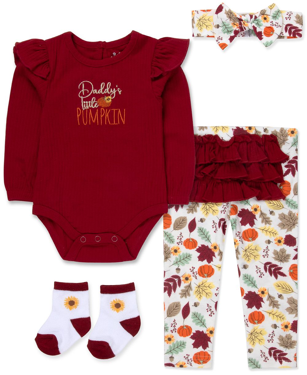 Baby Essentials Baby Girls' Daddy's Little Pumpkin Long-Sleeve Ribbed Bodysuit, Leggings, Headband & Socks, 4-Piece Set