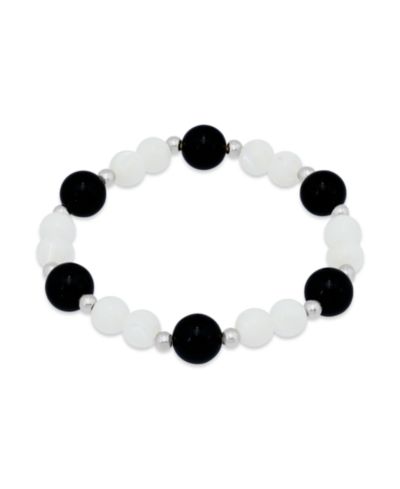 Macy's 14k Gold-Plated Over Brass Onyx Beads Imitation Pearl Beads Stretch Bracelet