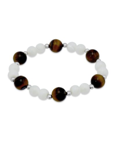 Macy's 14k Gold-Plated Over Brass Imitation Pearl Tigers Eye Beads Stretch Bracelet