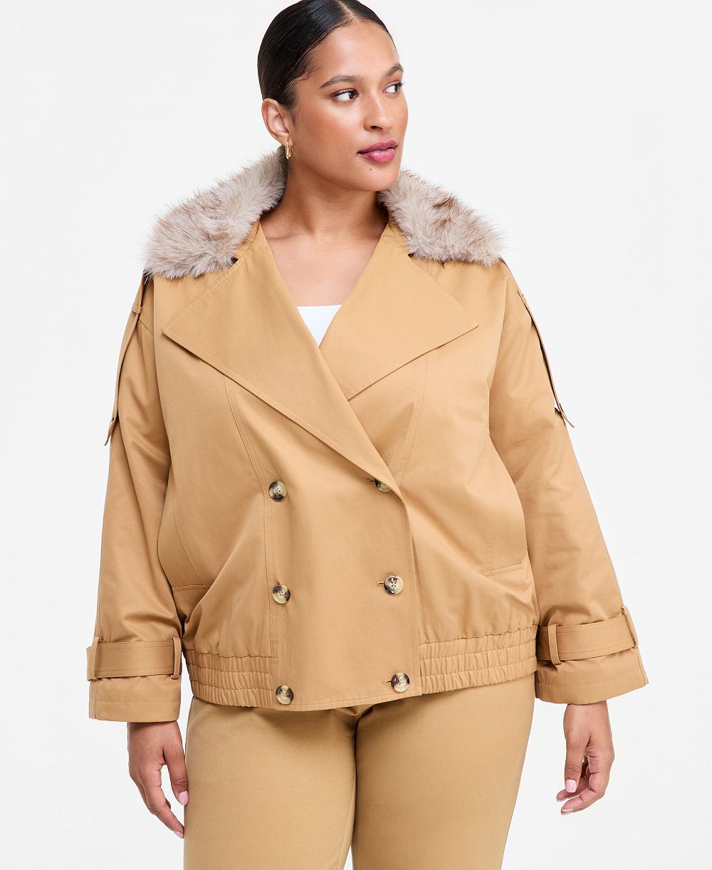 I.N.C. International Concepts Women's Double-Breasted Removable Faux-Fur Collar Bomber Jacket, Macy's Exclusive