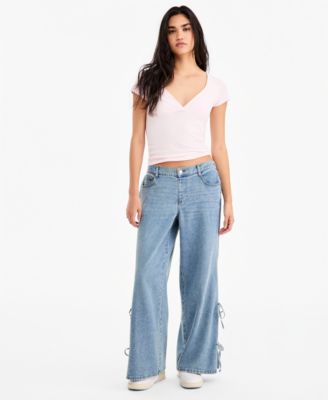 Vanilla Star Juniors' Wide-Leg Elastic Back Side Tie Jeans