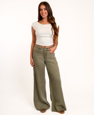 Indigo Rein Juniors' High-Waisted Wide-Leg Studded Jeans
