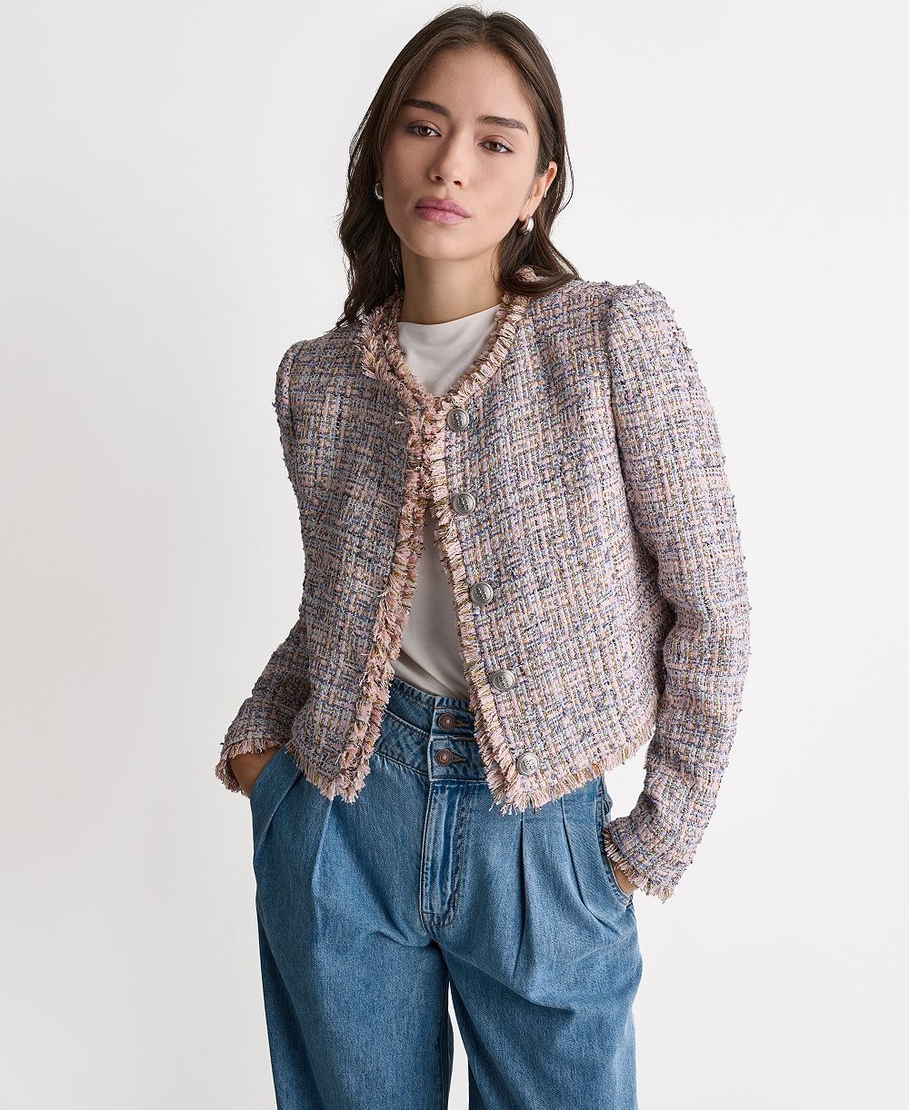 Женский твидовый жакет BCBG с отделкой бахромой и круглым вырезом