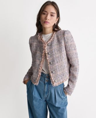 Женский твидовый жакет BCBG с отделкой бахромой и круглым вырезом