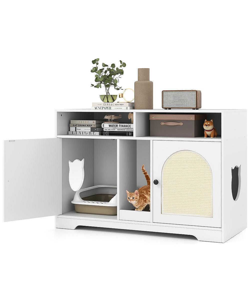 RUIE 43 in Dual-Room Cat Litter Box Enclosure with Sisal Scratching Mats