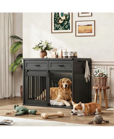 gaomon 44.5'' Dog Crate Furniture with Storage Drawers, Wooden Double Dog Cage TV Stand with 2 Sliding Barn Doors, for Medium/Large Breeds