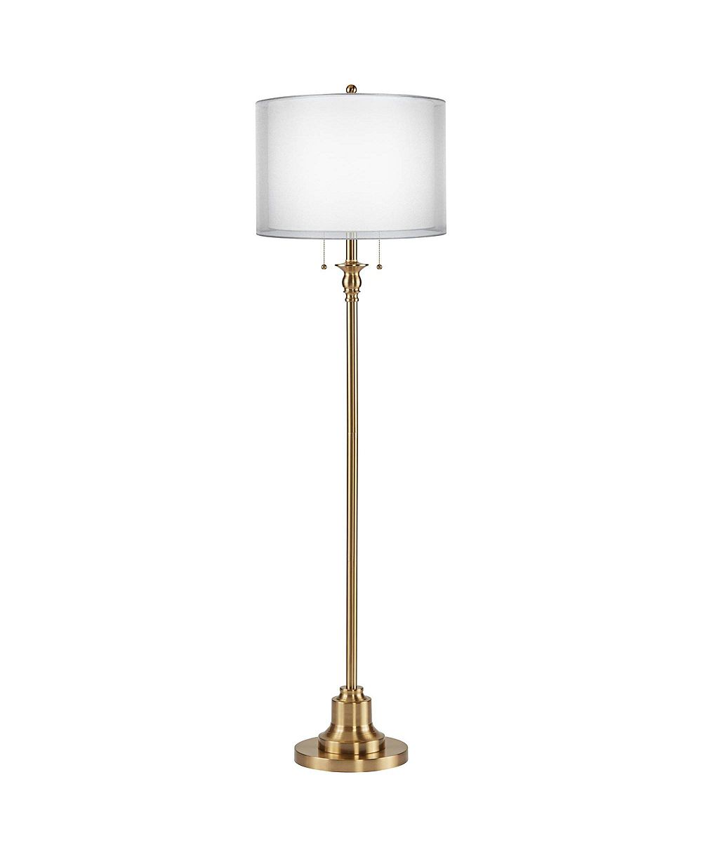 Possini Euro Design Dyna Traditional 58" Tall Standing Floor Lamp Skinny Pole Pull Chain Gold Antique Brass Finish Sheer Double Shade