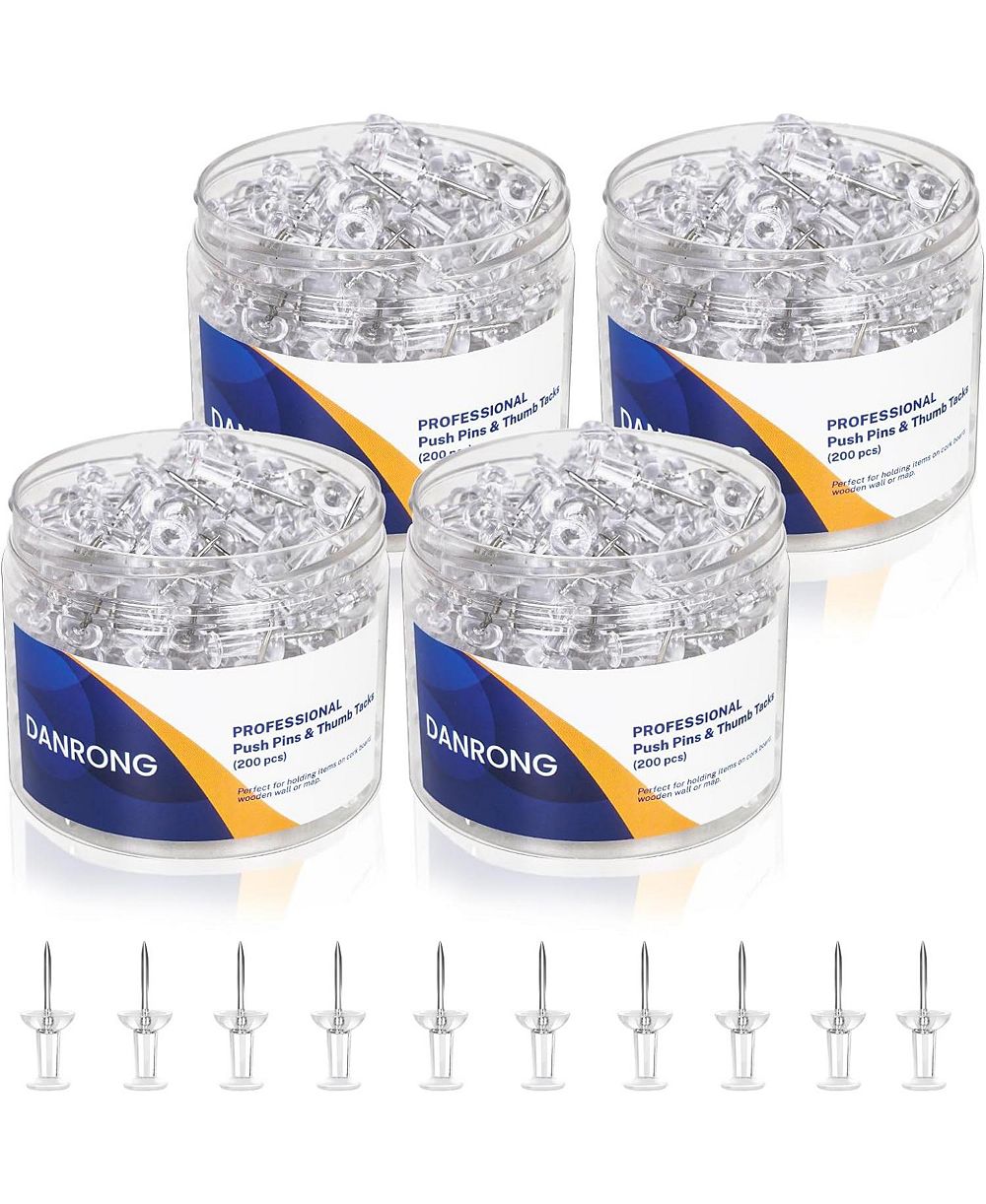 DANRONG 800 PCS Clear Push Pins, Standard Thumb Tacks with Steel Point and Plastic Head for Bulletin Cork Board, Office School