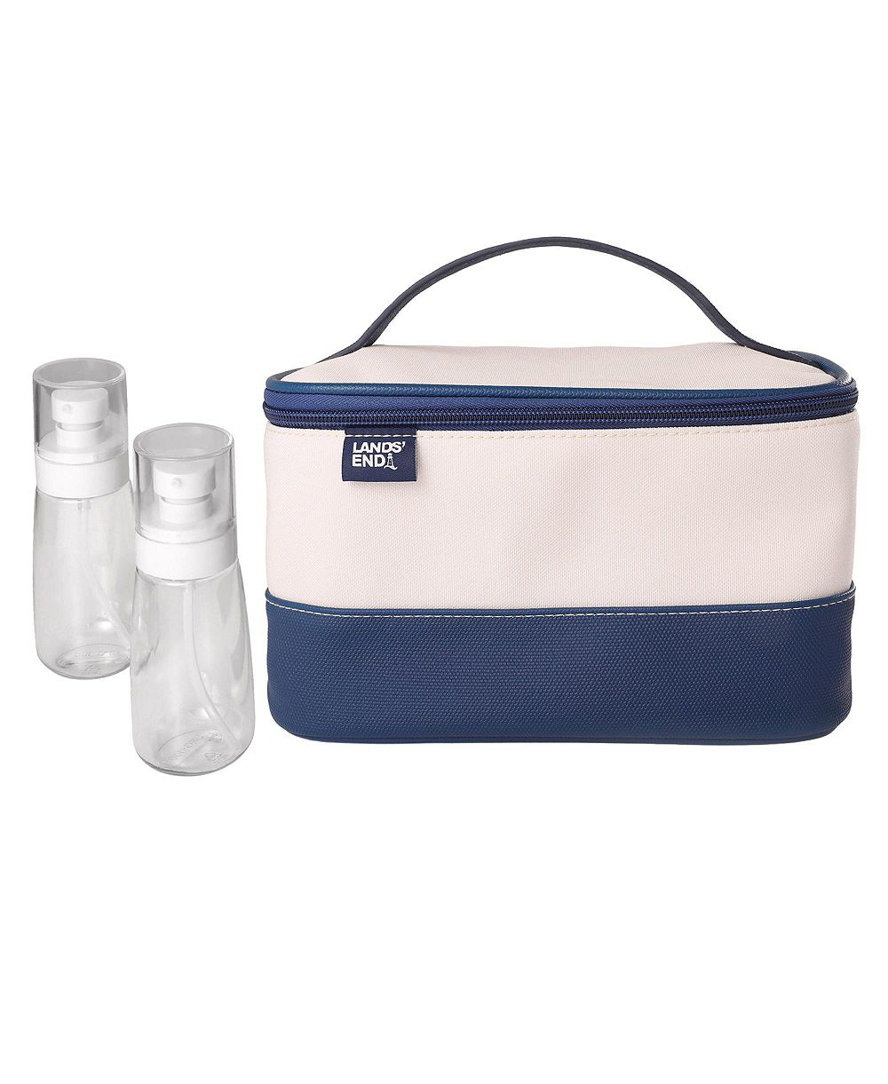 Lands' End Large Makeup Bag Train Case with 2 100 ML Plastic Travel Bottles, Soft-Sided Cosmetic Travel Bag