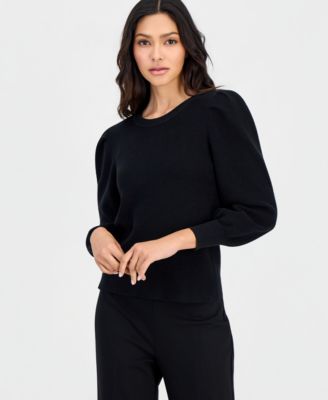 Anne Klein Essentials Women's Petite Puff-Sleeve Crewneck Sweater