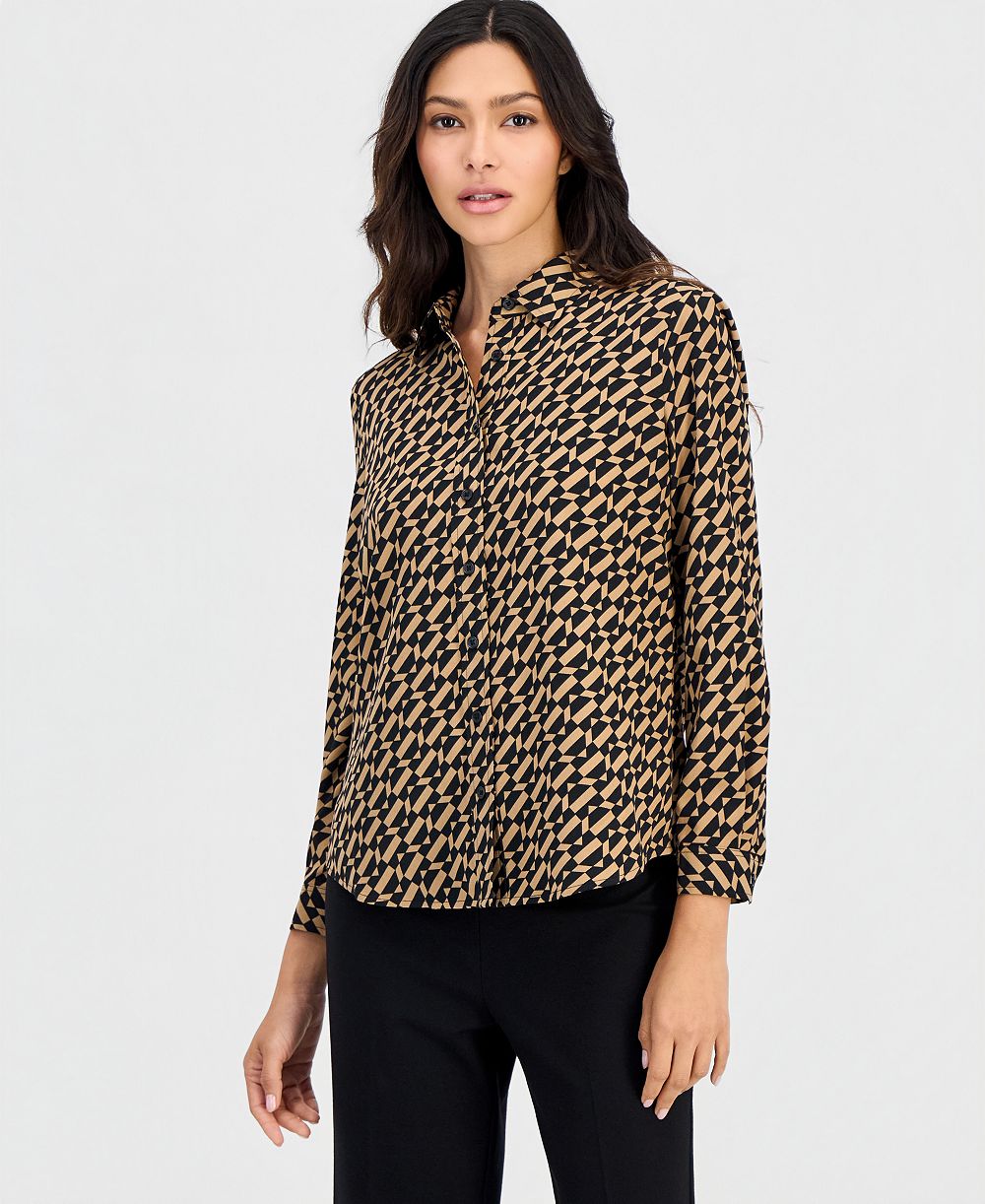 Anne Klein Essentials Petite Printed Button-Front Long-Sleeve Blouse
