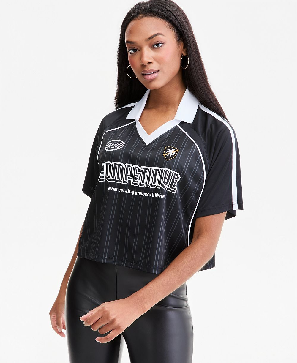 Bar III Women's Collared Competitive Graphic Striped Crop Jersey, Macy's Exclusive