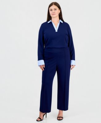 Jones New York Plus Size Pull On Pintuck Trouser Serenity Knit Wide-Leg Pants