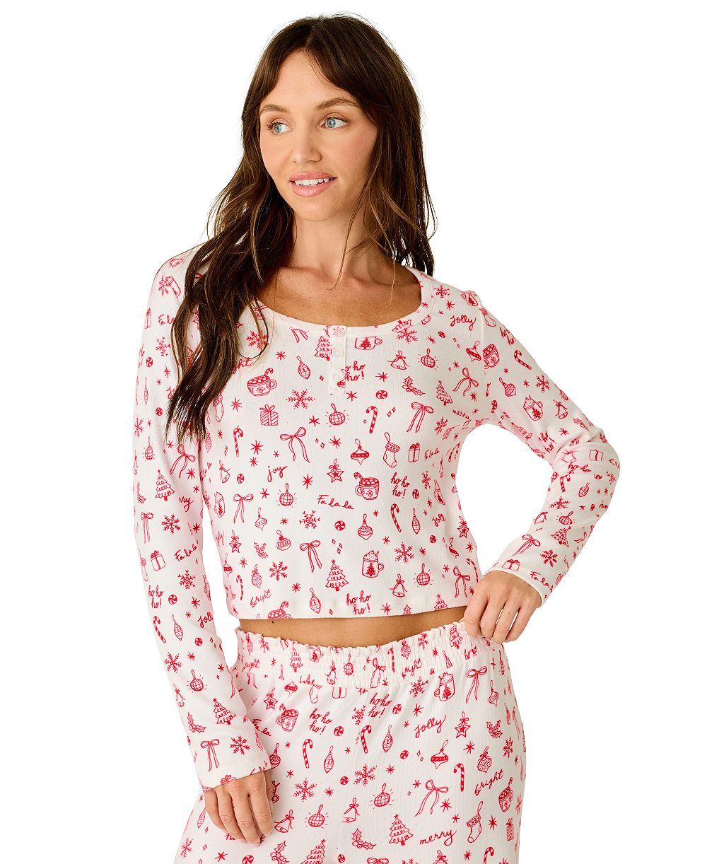 PJ SALVAGE Women's Femme De Noel Long-Sleeve Cinched V-Neck Holiday Top