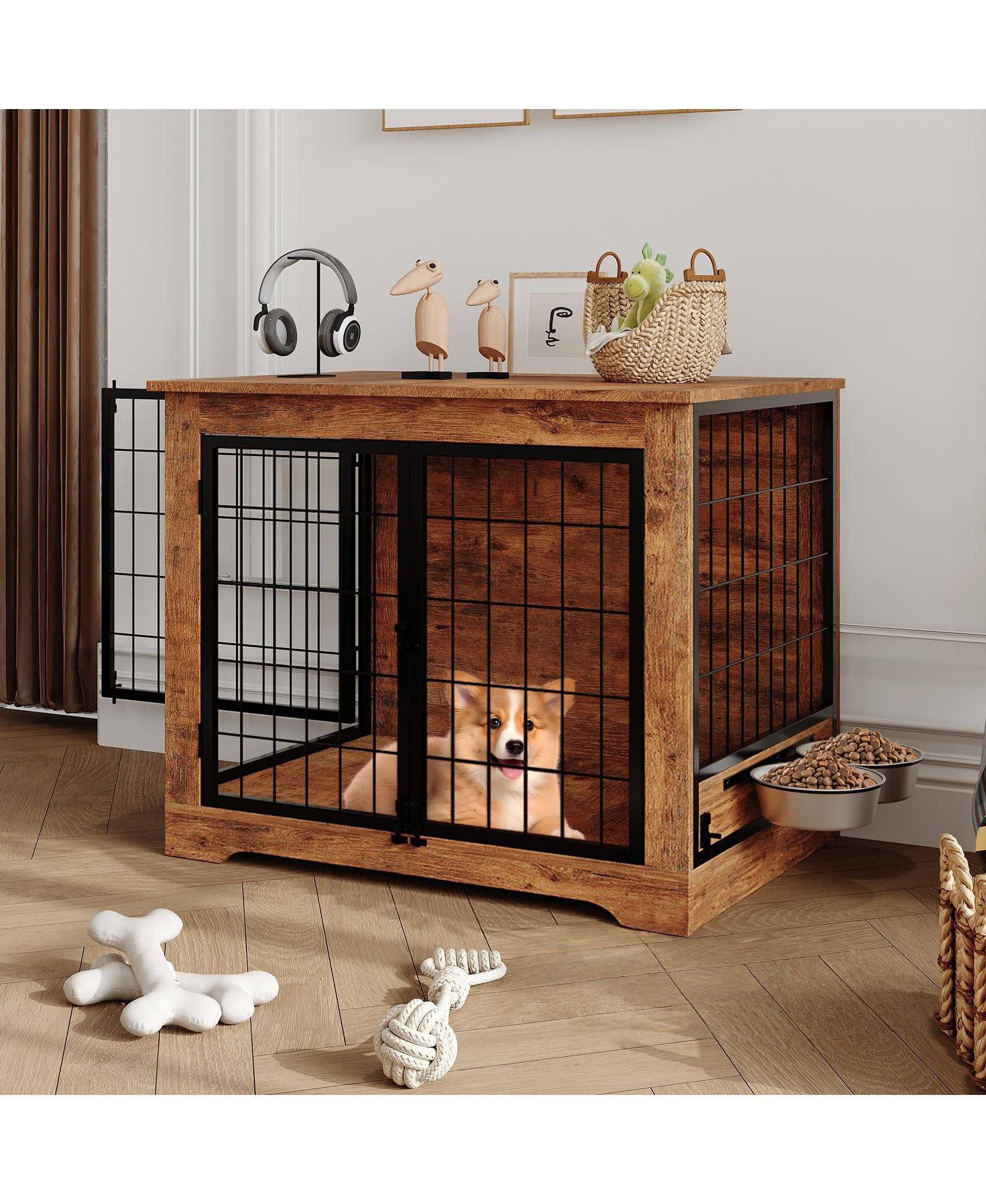 GAOMON Heavy Duty Wooden Dog Crate Furniture - Indoor Pet Kennel End Table with Double Doors, 2 Rotating Bowls, for Small and Medium Dogs