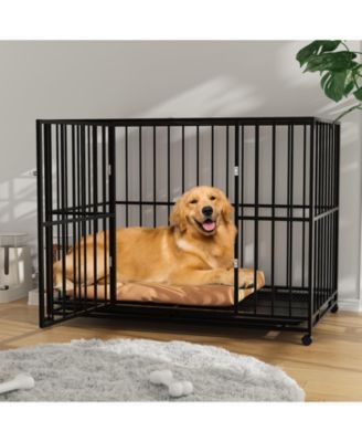 GAOMON heavy-duty escape-proof dog crate, steel, chew-resistant, double door, lockable wheels, indoor/outdoor for large breeds.