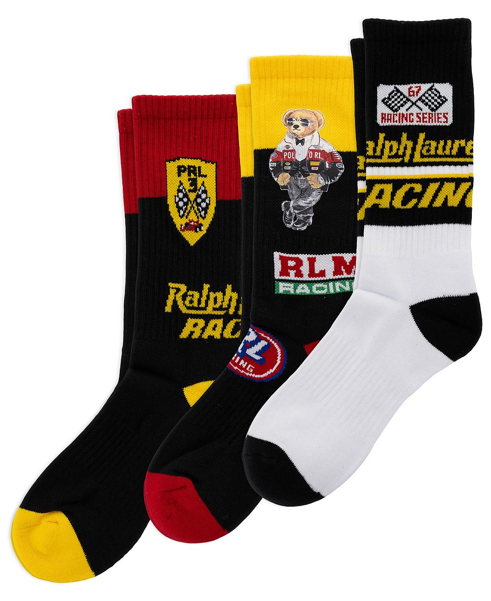 Polo Ralph Lauren Men's Moto Bear Arch Support Ribbed Crew Socks, 3-Pack Gift Box