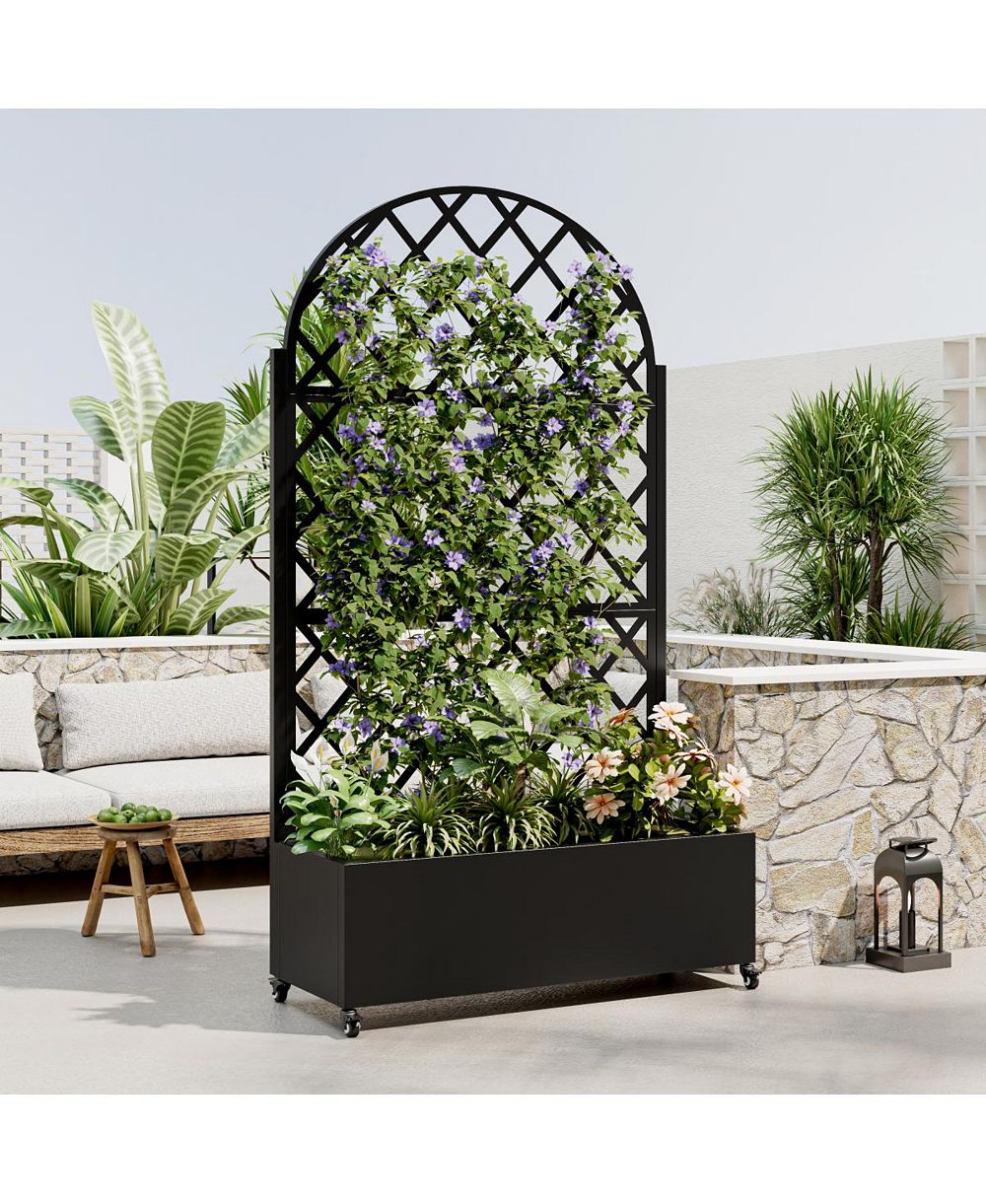 Streamdale Furniture 73" Metal Raised Garden Bed with Trellis, Drainage, and Lockable Wheels