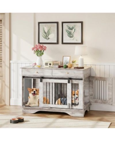gaomon Dog Crate Furniture with 2 Drawers, Wooden End Table Indoor Dog House with Divider for Large Medium Small Dogs, Multi-Functional TV Stand