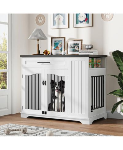 gaomon 44 Inch Heavy Duty Wooden Dog Crate Furniture with Drawer, Side Storage and Built-In Feeding Station Modern Kennel End Table for Large Dogs