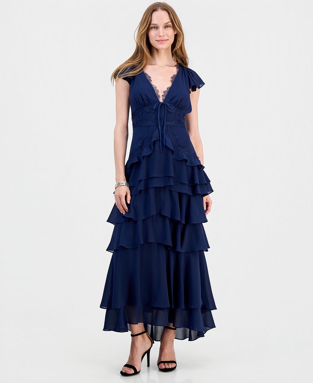 Женское миди-платье LULUS Sai V-Neck Short-Sleeve Tiered