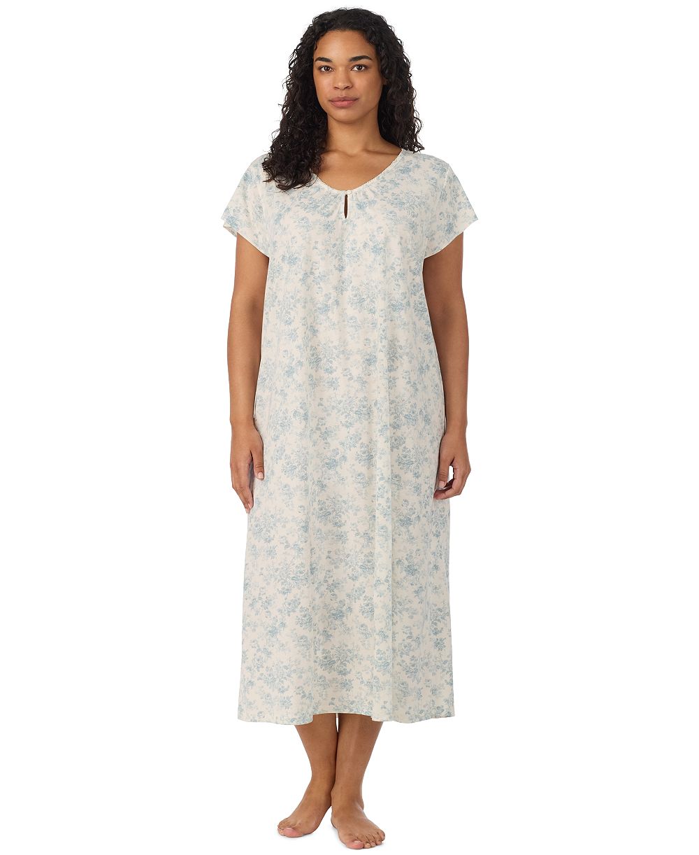 Lauren Ralph Lauren Plus Size Flutter-Sleeve V-Neck Cotton-Blend Nightgown