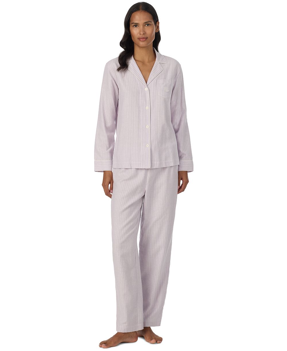 Lauren Ralph Lauren Women's Long-Sleeve Striped Notch-Collar Pajama Set