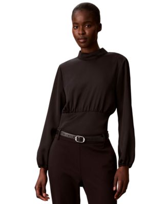 Calvin Klein женская блузка с длинным рукавом, сатинированная талия, высокий воротник-стойка
