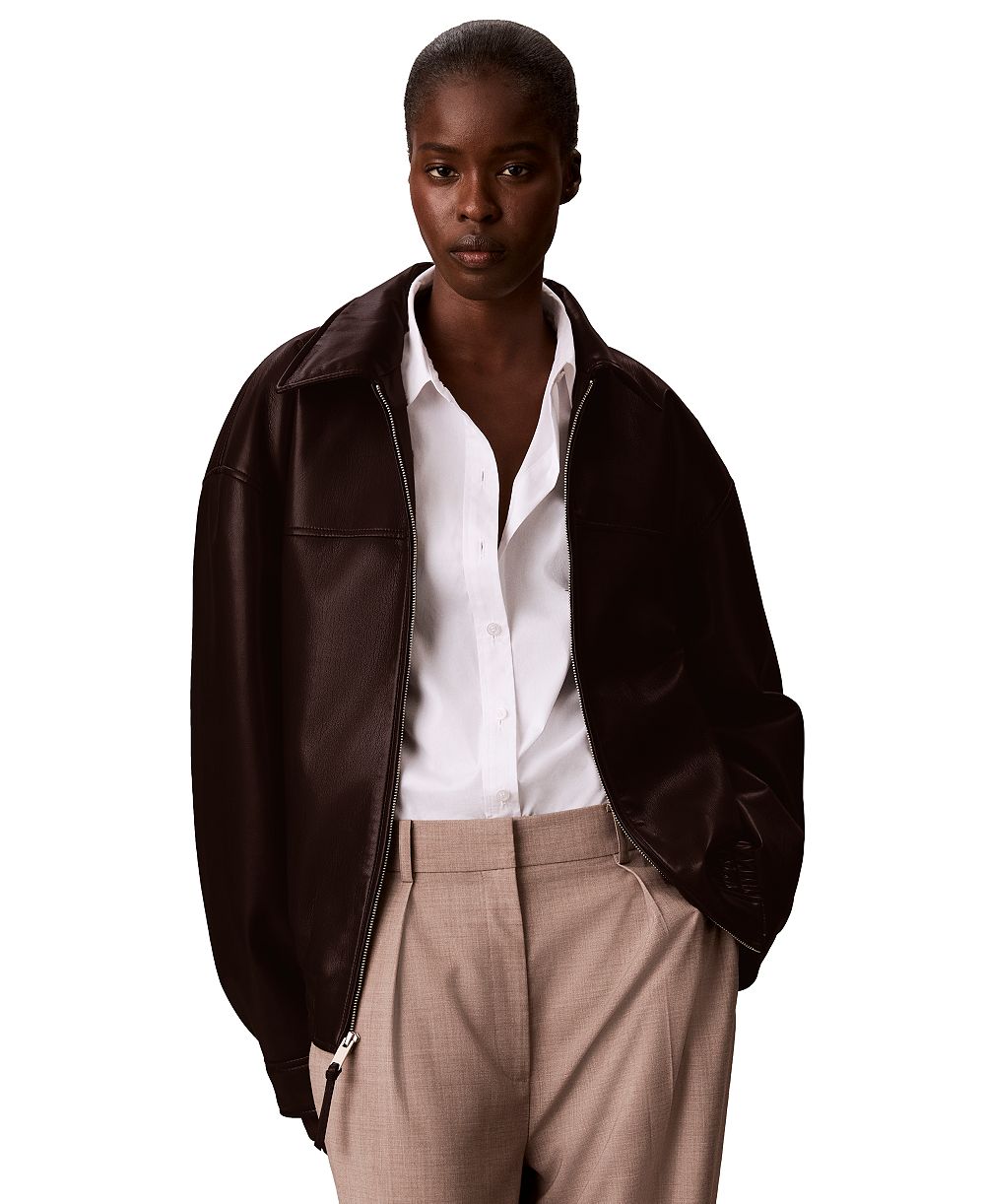 Calvin Klein Women's Collared Faux Leather Bomber Jacket