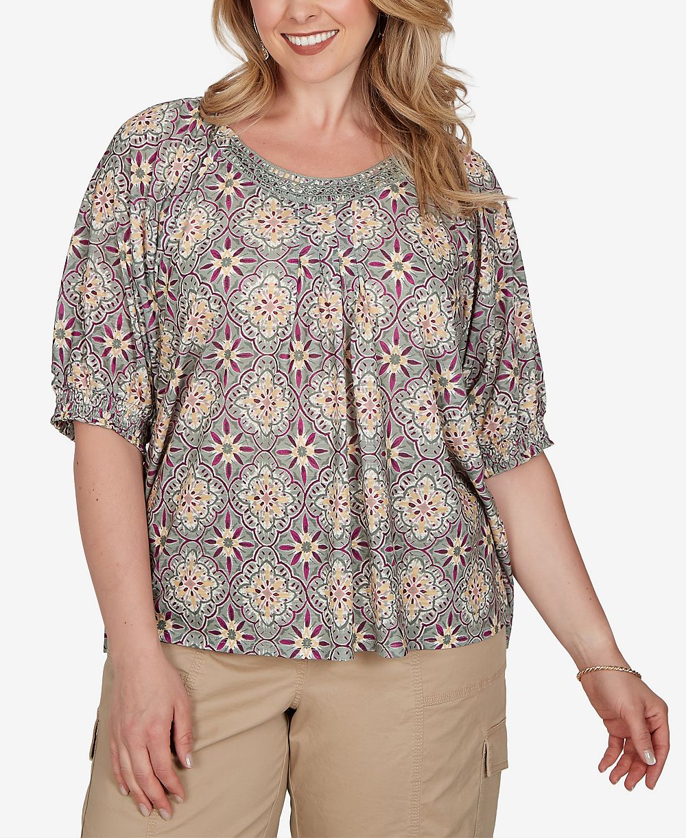 Трикотажный топ Ruby Rd. Plus Size Desert Geo Print Lace Trim