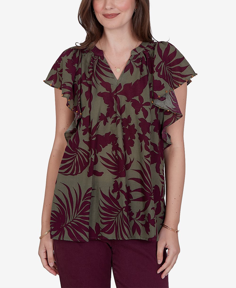 Женский топ Ruby Rd. Petite Tropical Print Gauze Flutter-Sleeve