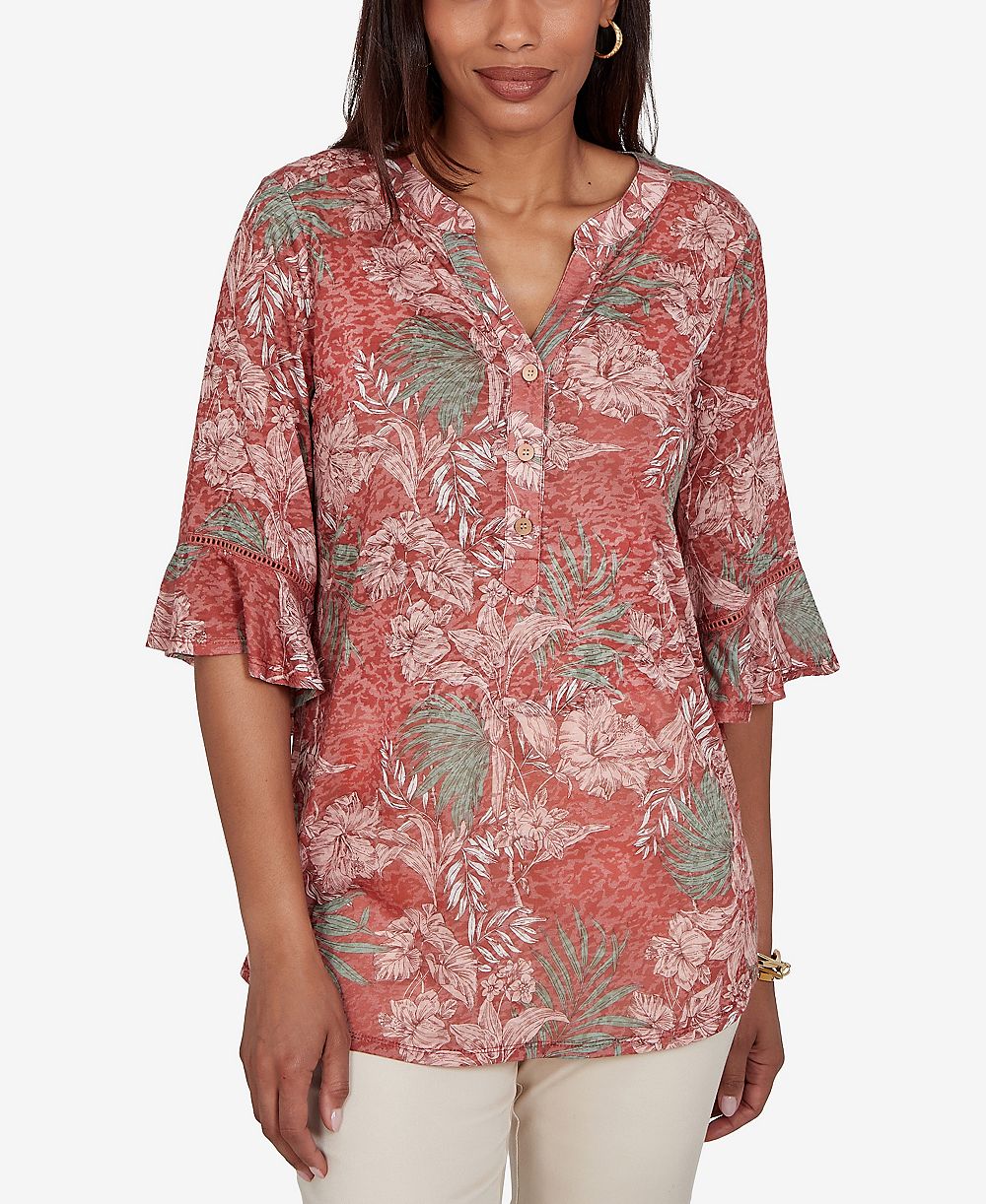 Топ Ruby Rd. Petite Tropical Floral Burnout Split Neck