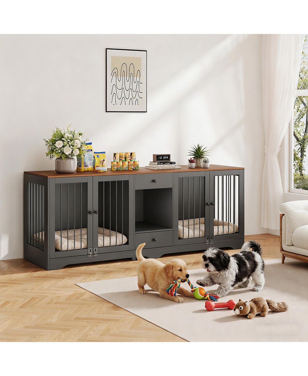 GAOMON multi-functional dog crate, 83" indoor wooden kennel with 4 doors, 2 drawers, secure locks, stylish design for living room, medium large dogs.