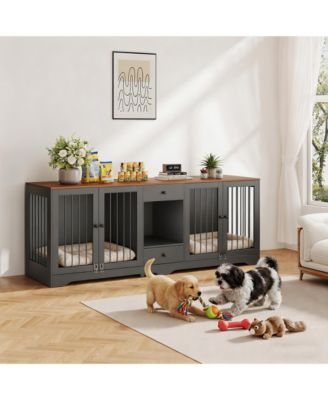GAOMON multi-functional dog crate, 83" indoor wooden kennel with 4 doors, 2 drawers, secure locks, stylish design for living room, medium large dogs.