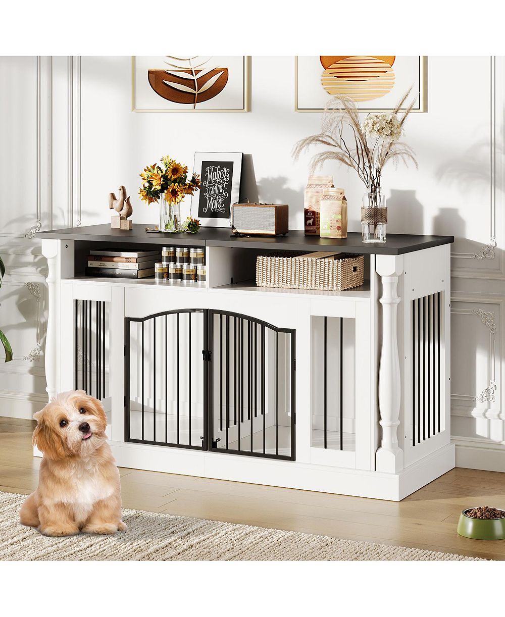 63" Large Dog Crate for 2 Dogs, Roman Column Kennel with Open Storage for Small Medium Dogs, Dog Cage Table TV Stand, Dog Kennel Entertainment Center