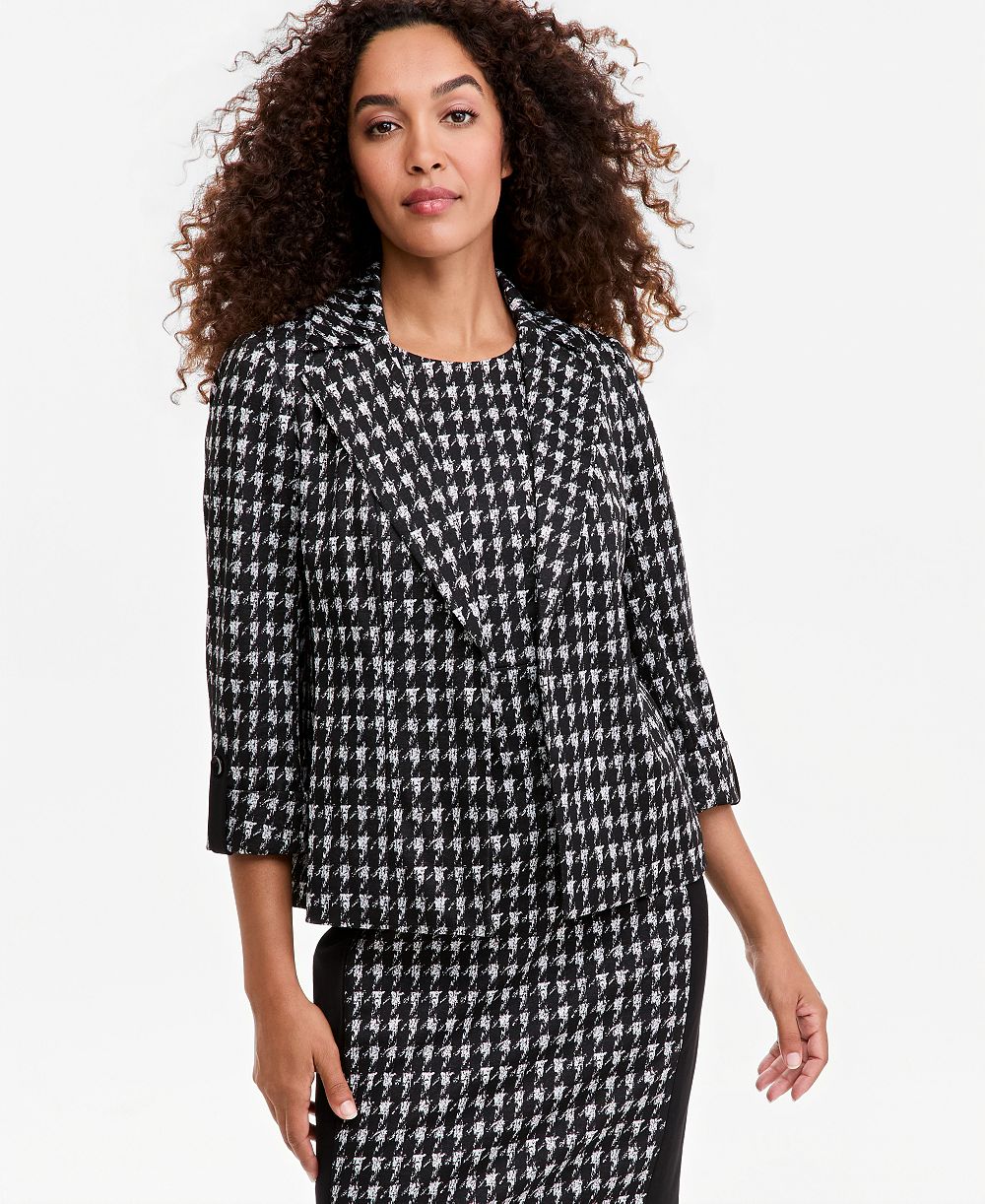 Kasper Блейзер Petite Houndstooth с 3/4 рукавом и воротником-стойкой