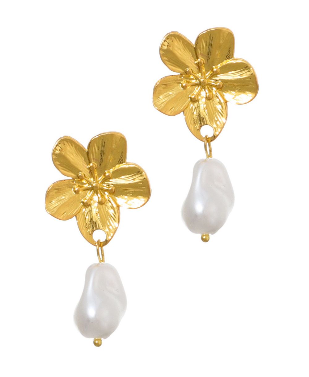 ADORNIA Tarnish Resistant Gold Freshwater Pearl Statement Flower Drop Earrings