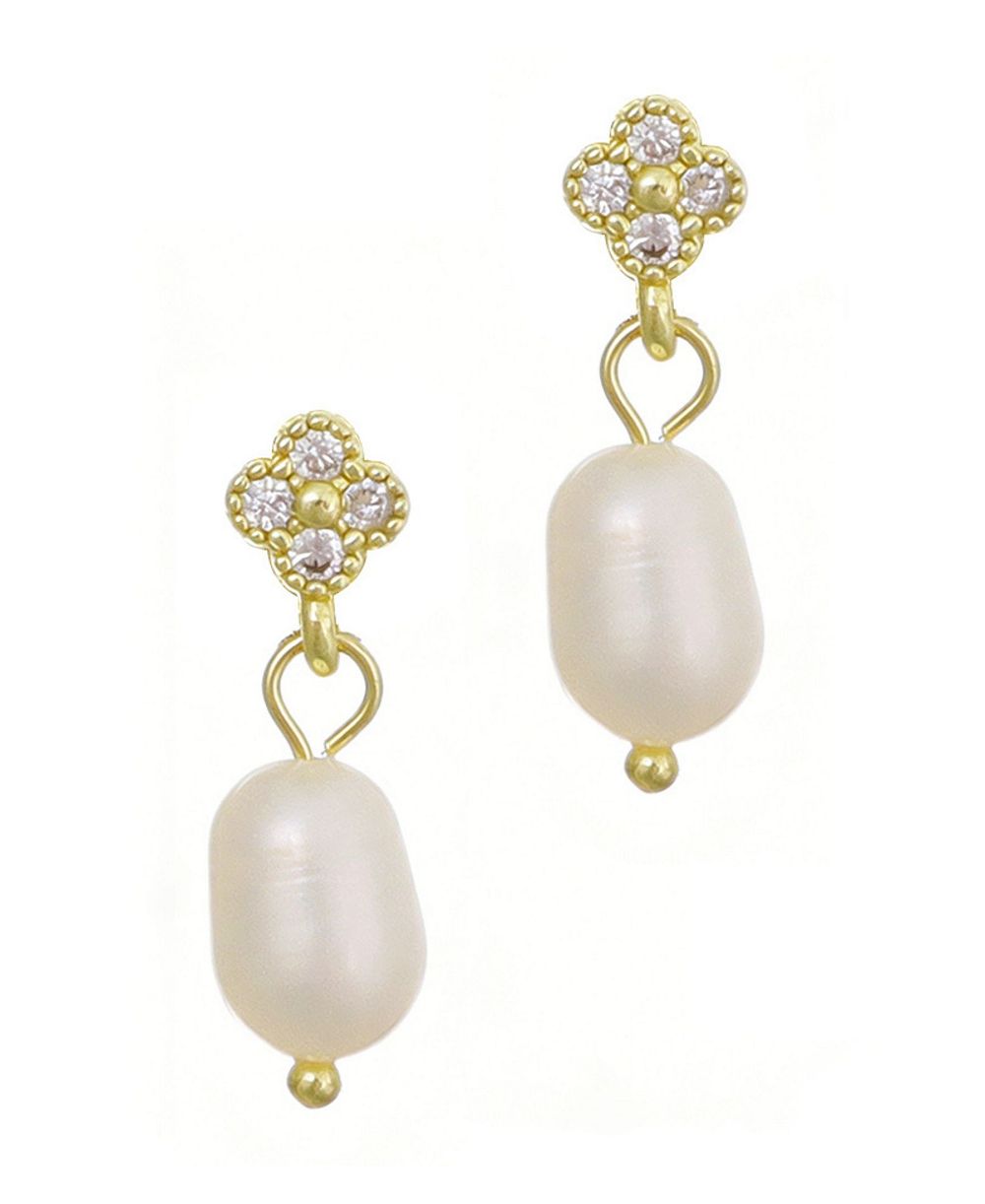 Серьги ADORNIA Gold Natural Freshwater Pearl Cubic Zirconia Clover Drop