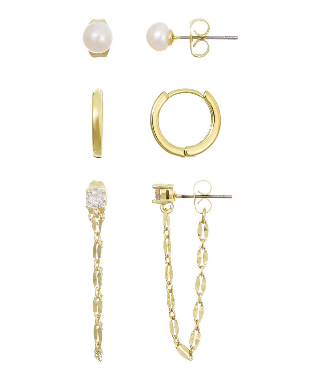 Набор серег ADORNIA Gold Natural Freshwater Pearl Stud, Huggie and Drop Chain 3-Piece Set